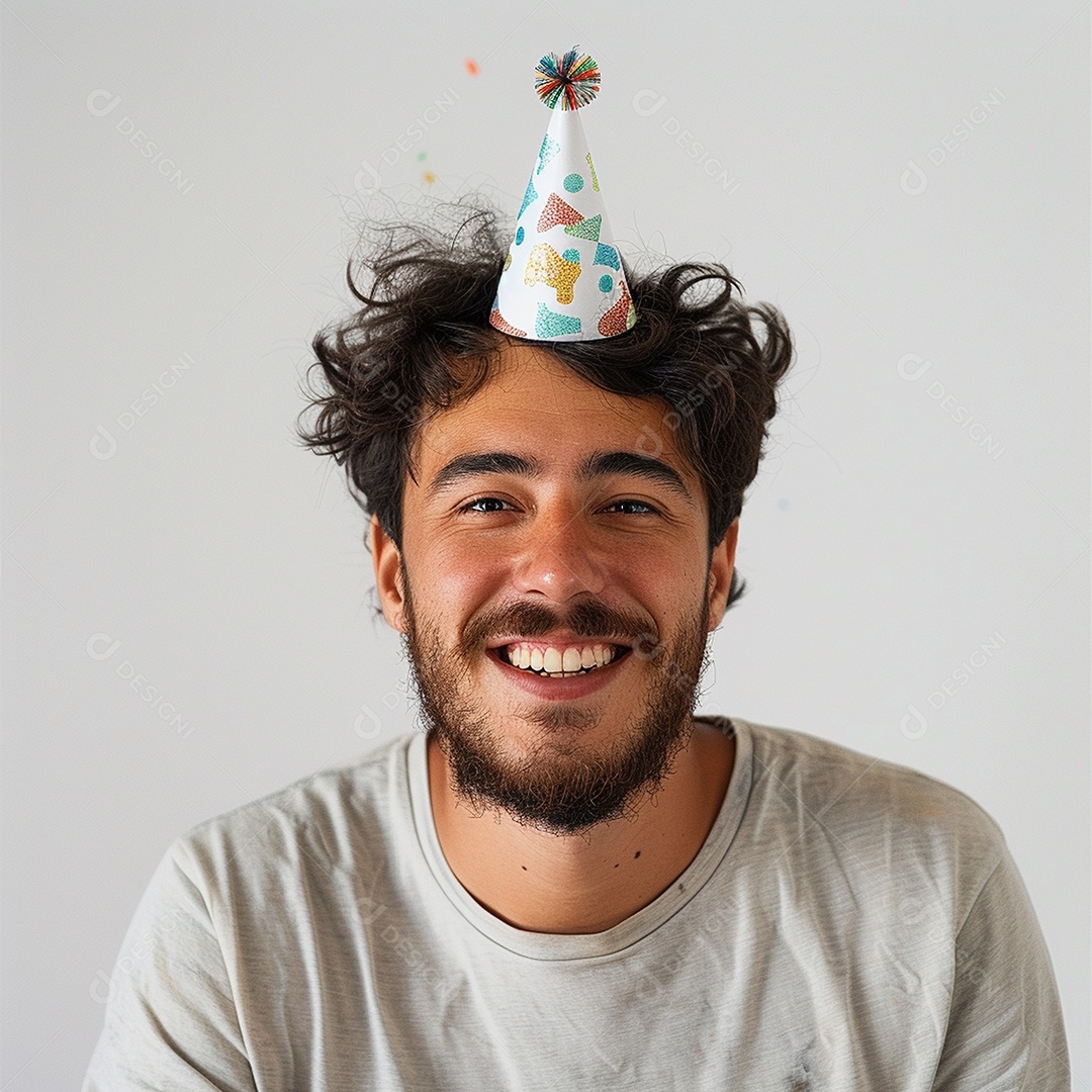 Homem sorridente, usando um chapéu de festa em um fundo branco