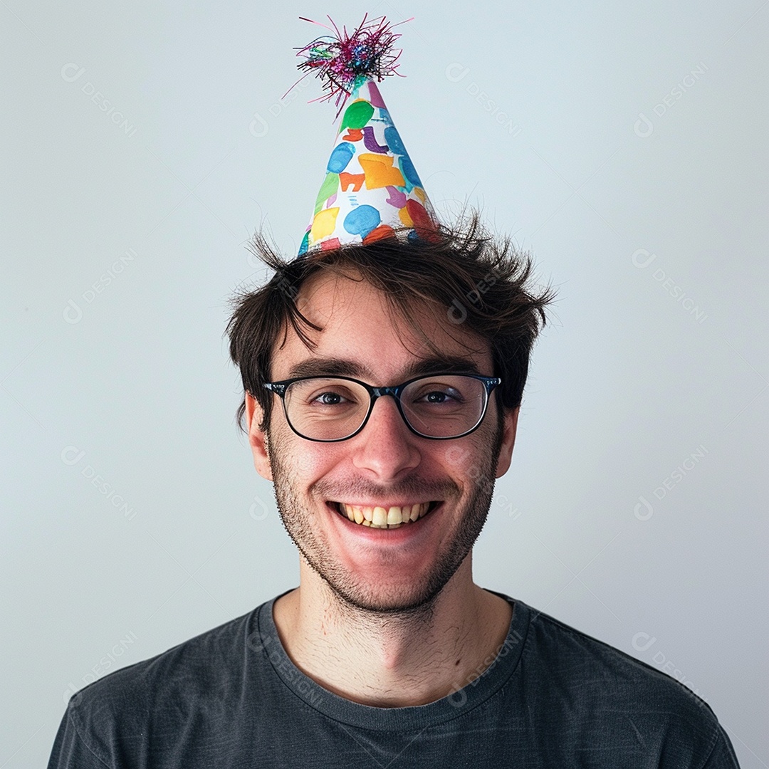 Homem sorridente, usando um chapéu de festa em um fundo branco