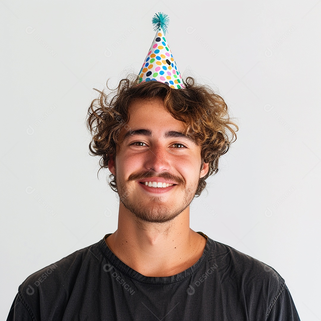Homem sorridente, usando um chapéu de festa em um fundo branco
