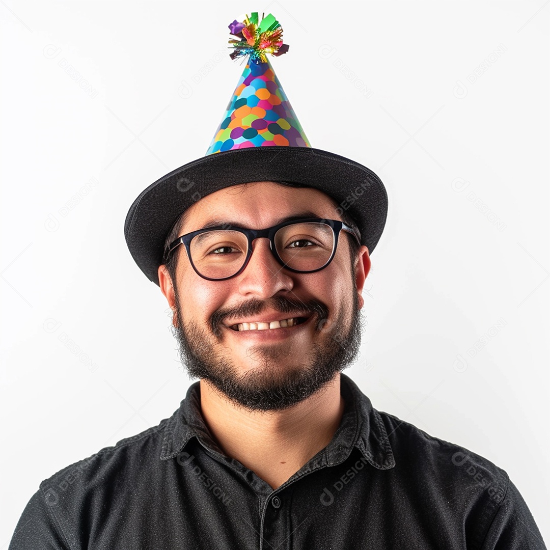 Homem sorridente, usando um chapéu de festa em um fundo branco