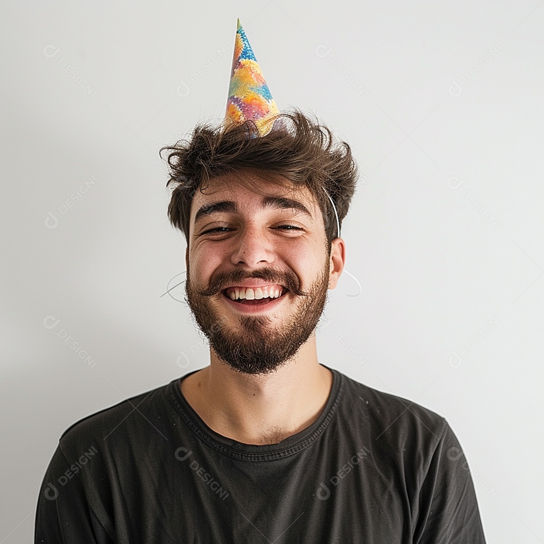 Homem sorridente, usando um chapéu de festa em um fundo branco