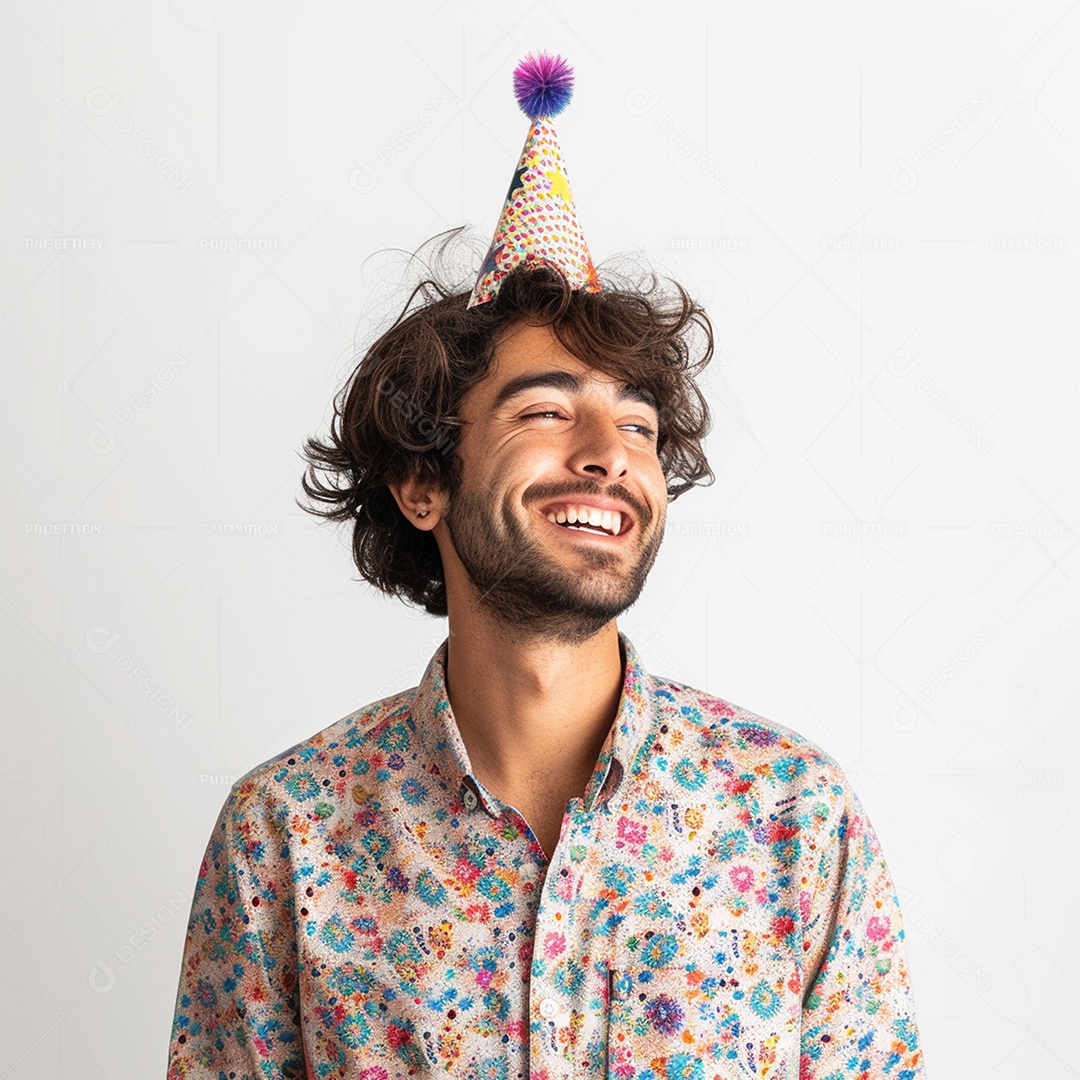 Homem sorridente, usando um chapéu de festa em um fundo branco