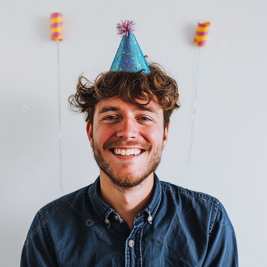 Homem sorridente, usando um chapéu de festa em um fundo branco