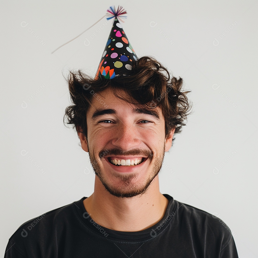 Homem sorridente, usando um chapéu de festa em um fundo branco