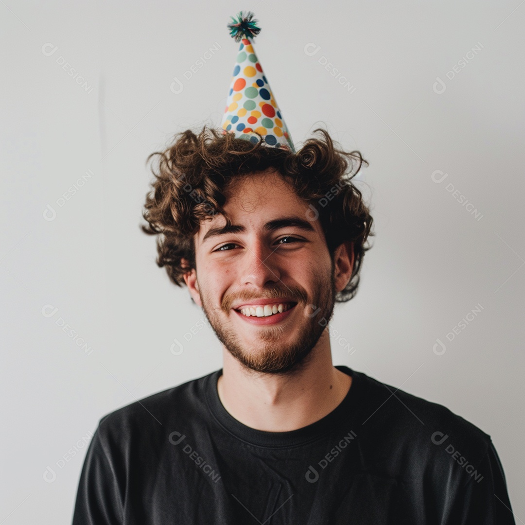 Homem sorridente, usando um chapéu de festa em um fundo branco