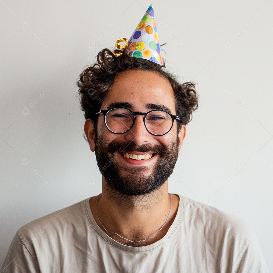 Homem sorridente, usando um chapéu de festa em um fundo branco