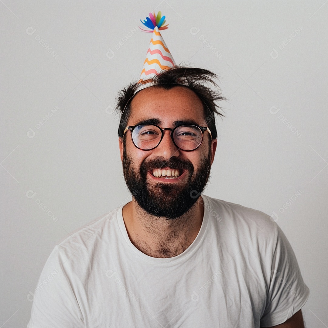 Homem sorridente, usando um chapéu de festa em um fundo branco
