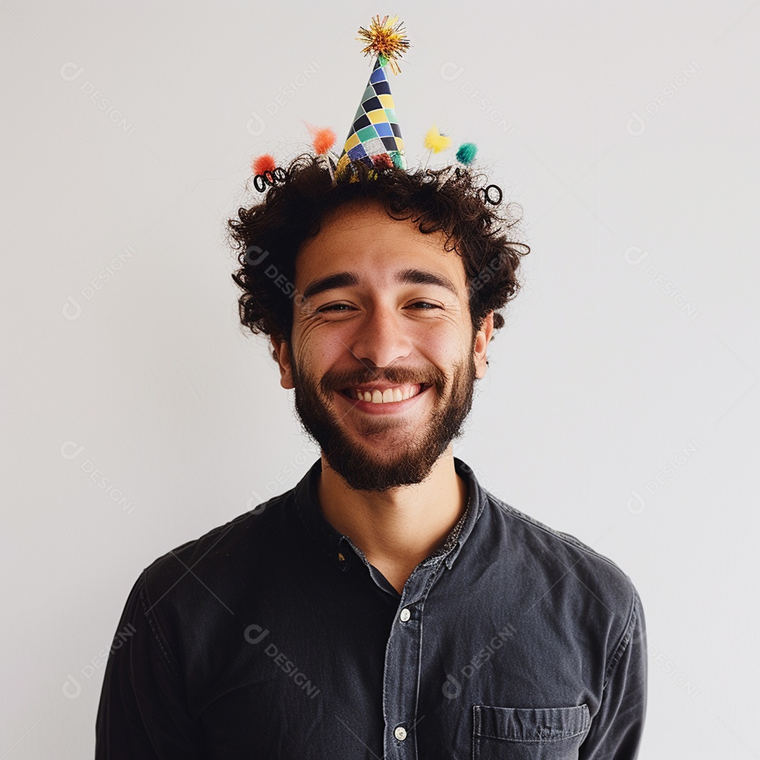 Homem sorridente, usando um chapéu de festa em um fundo branco25