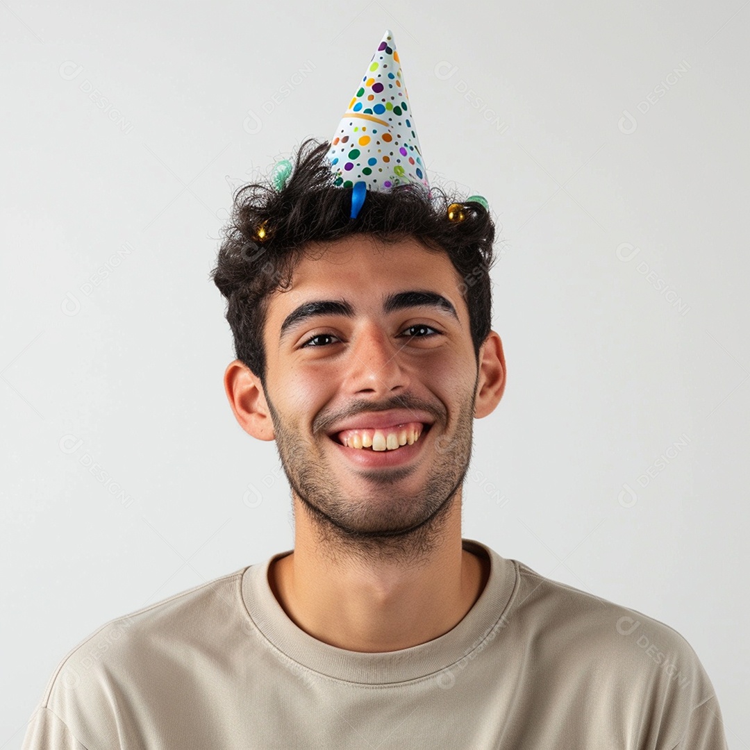 Homem sorridente, usando um chapéu de festa em um fundo branco