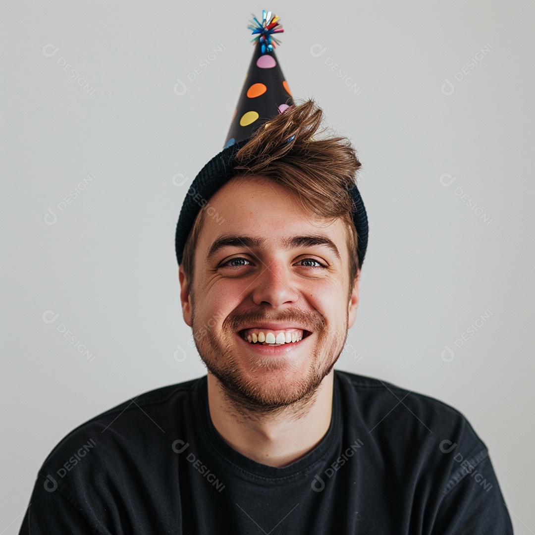 Homem sorridente, usando um chapéu de festa em um fundo brancoHomem sorridente, usando um chapéu de festa em um fundo branco