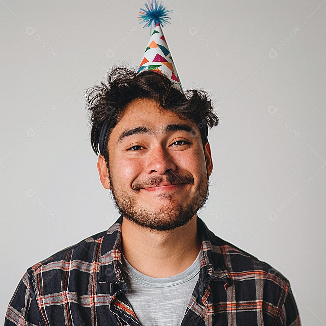 Homem sorridente, usando um chapéu de festa em um fundo branco