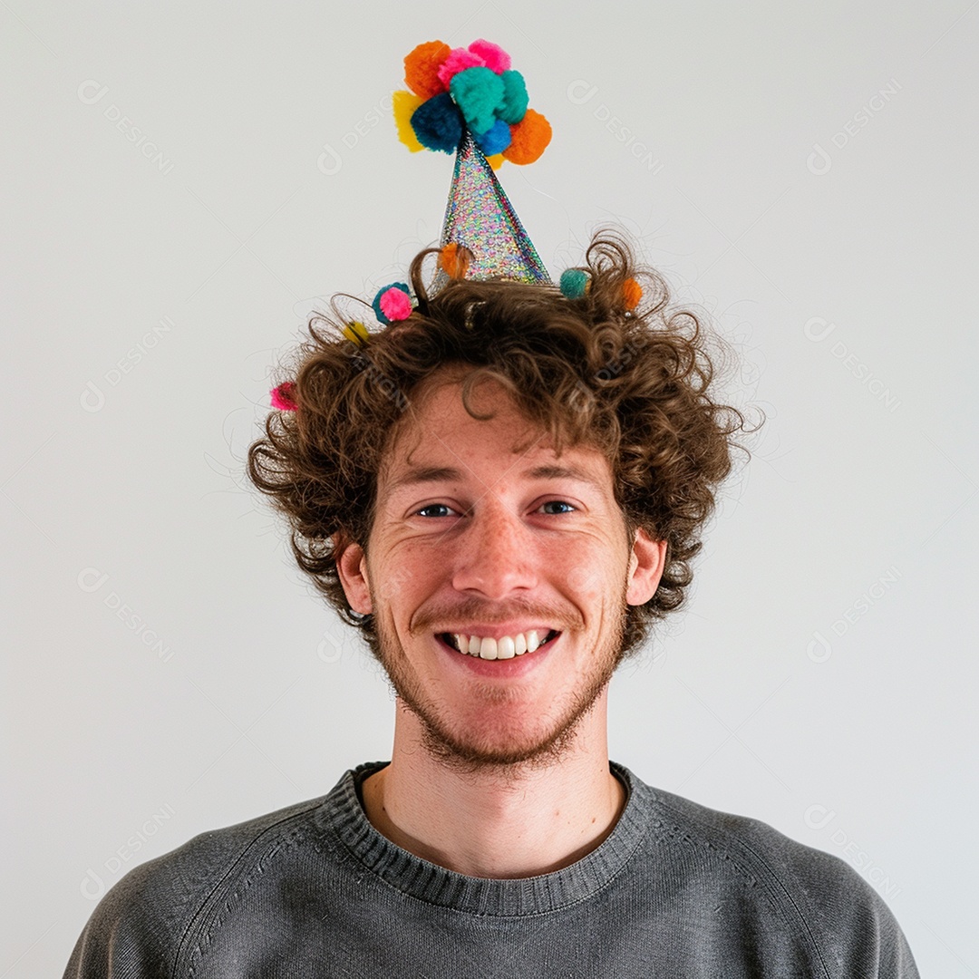 Homem sorridente, usando um chapéu de festa em um fundo branco