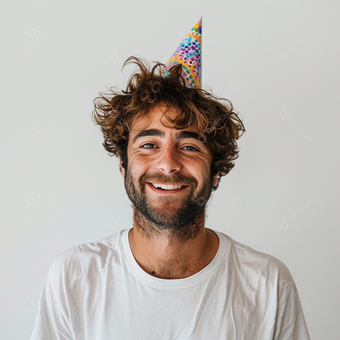 Homem sorridente, usando um chapéu de festa em um fundo branco