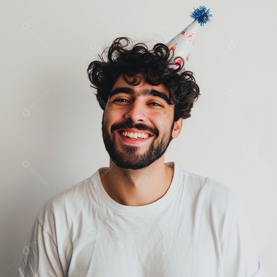 Homem sorridente, usando um chapéu de festa em um fundo branco