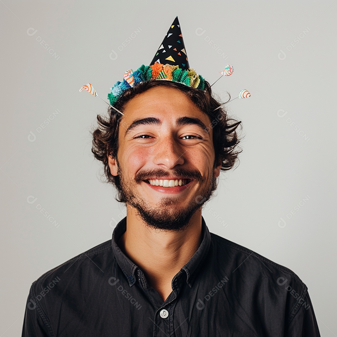 Homem sorridente, usando um chapéu de festa em um fundo branco