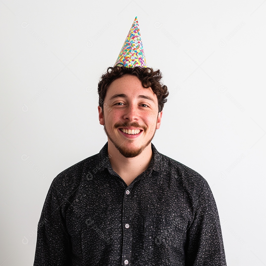 Homem sorridente, usando um chapéu de festa em um fundo branco