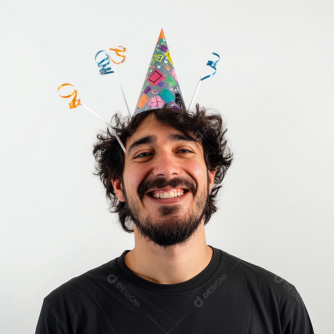 Homem sorridente, usando um chapéu de festa em um fundo branco