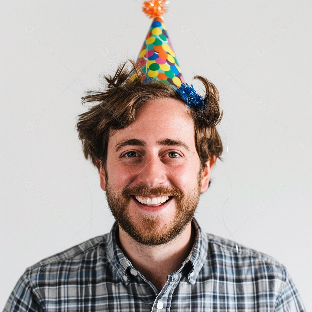 Homem sorridente, usando um chapéu de festa em um fundo branco