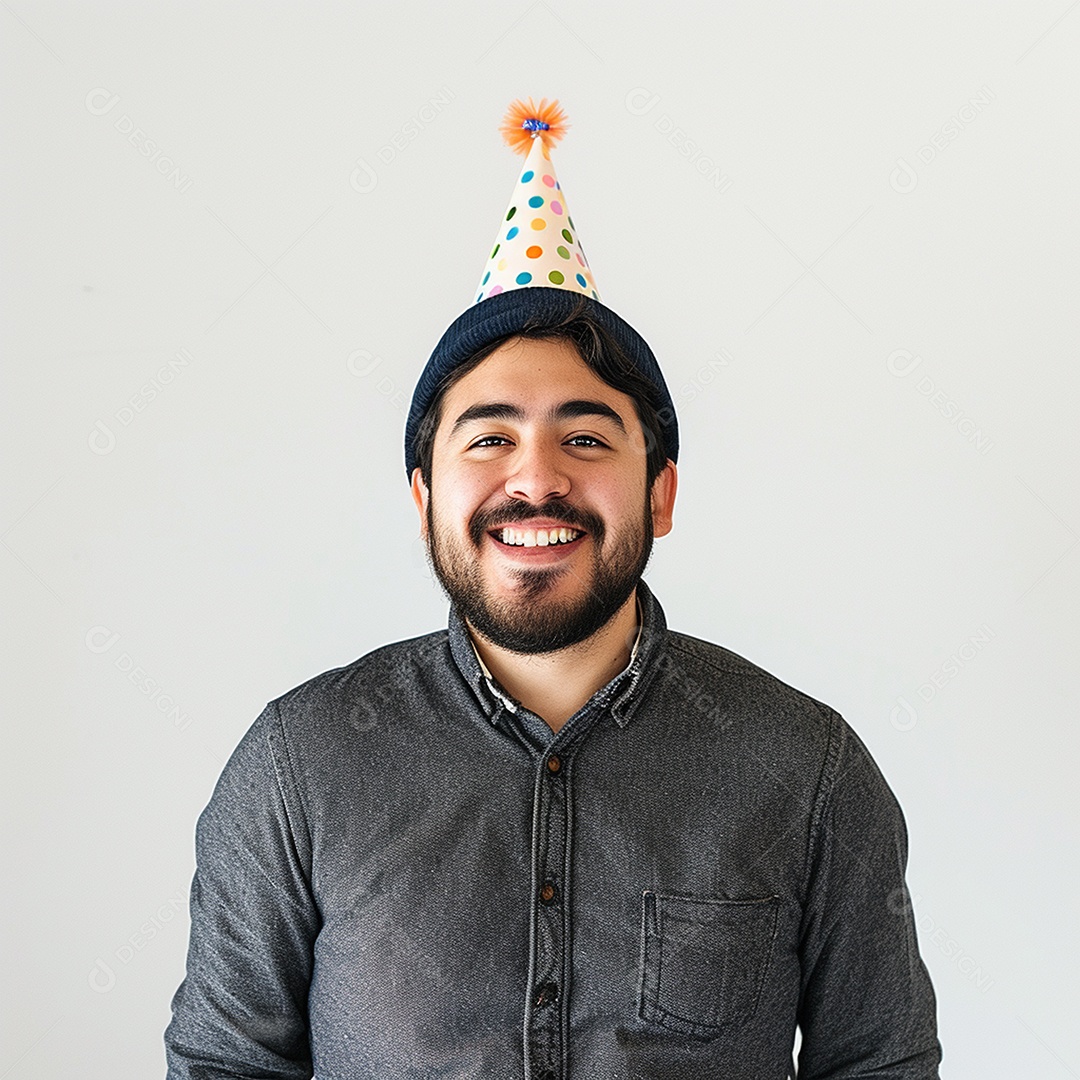 Homem sorridente, usando um chapéu de festa em um fundo branco