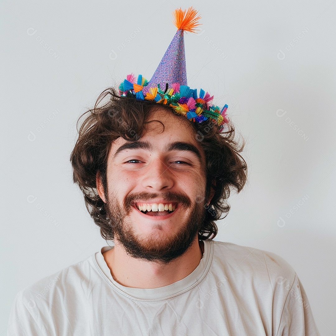 Homem sorridente, usando um chapéu de festa em um fundo branco