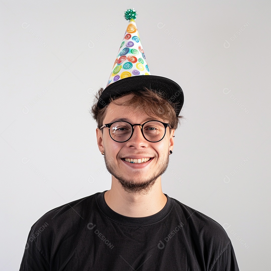 Homem sorridente, usando um chapéu de festa em um fundo branco