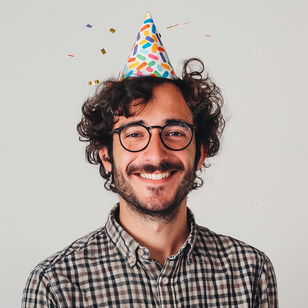 Homem sorridente, usando um chapéu de festa em um fundo branco