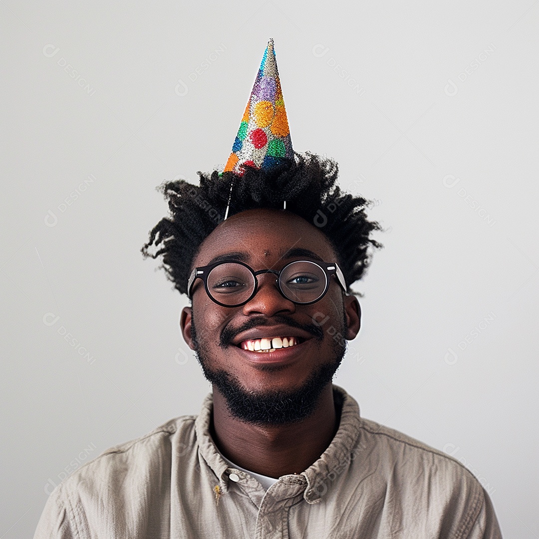 Homem sorridente, usando um chapéu de festa em um fundo branco