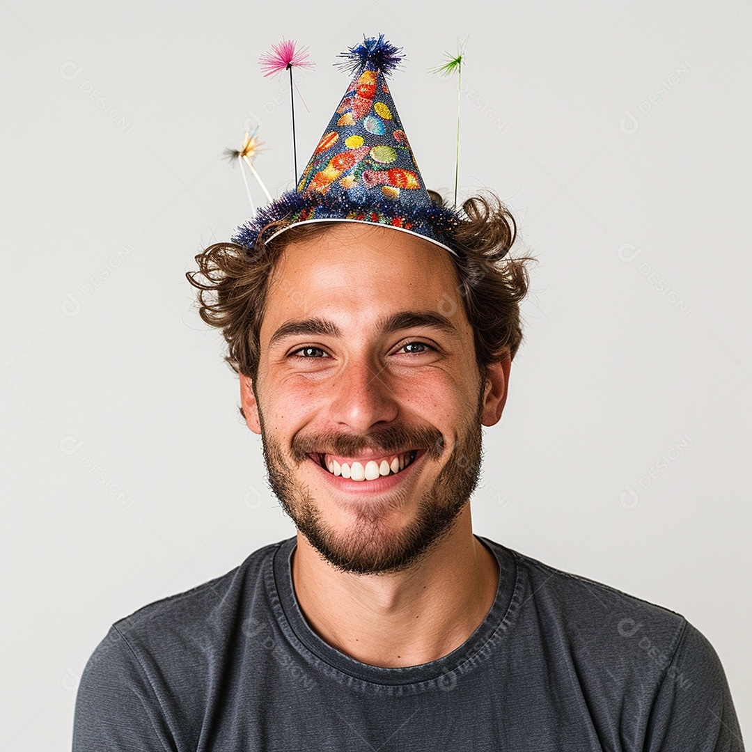 Homem sorridente, usando um chapéu de festa em um fundo branco