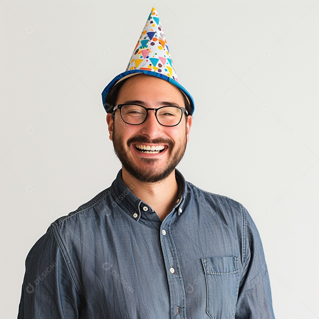 Homem sorridente, usando um chapéu de festa em um fundo branco