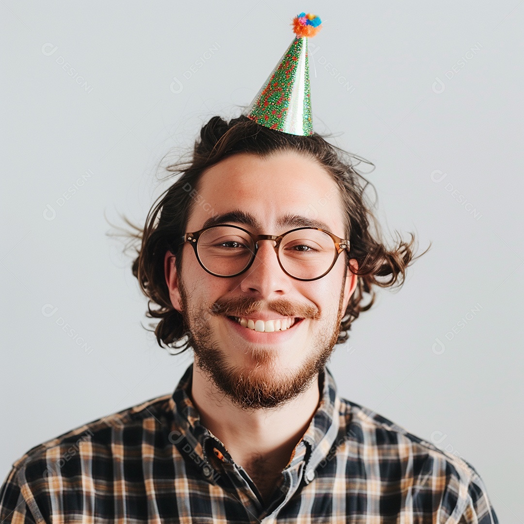 Homem sorridente, usando um chapéu de festa em um fundo branco
