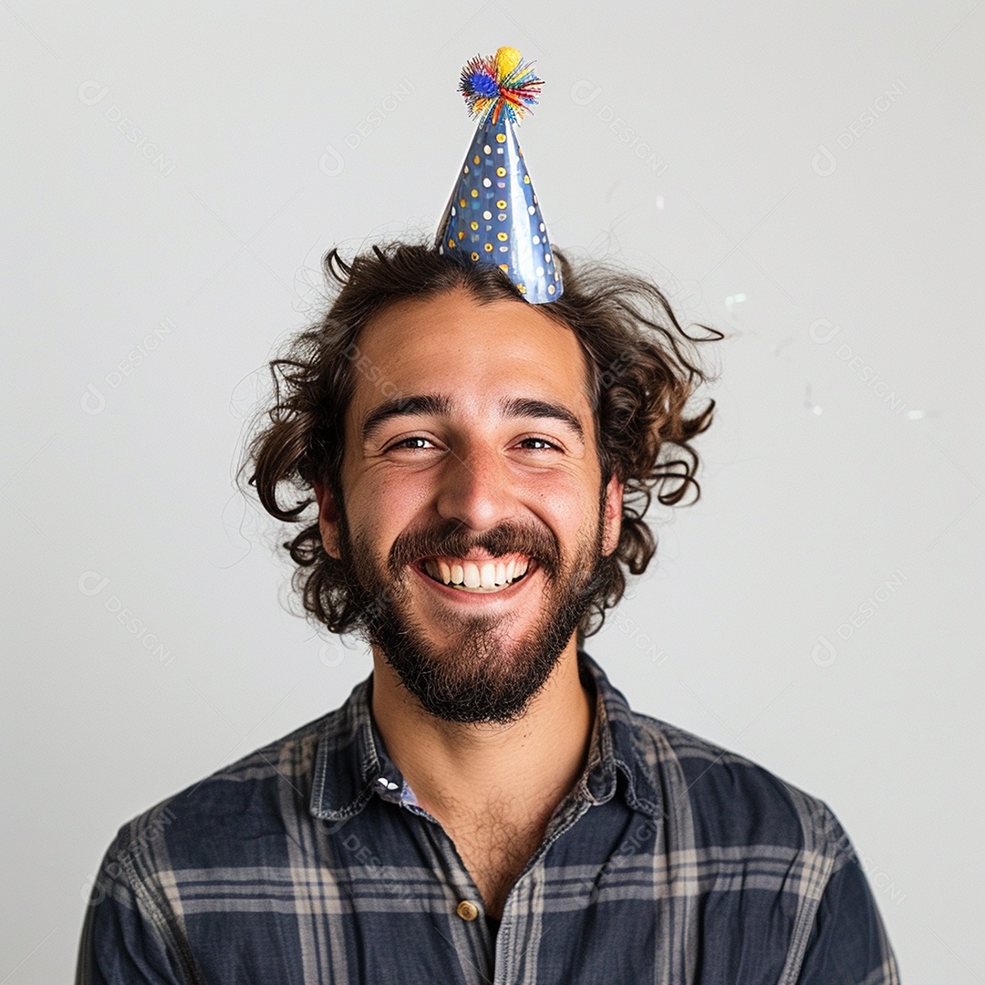 Homem sorridente, usando um chapéu de festa em um fundo branco