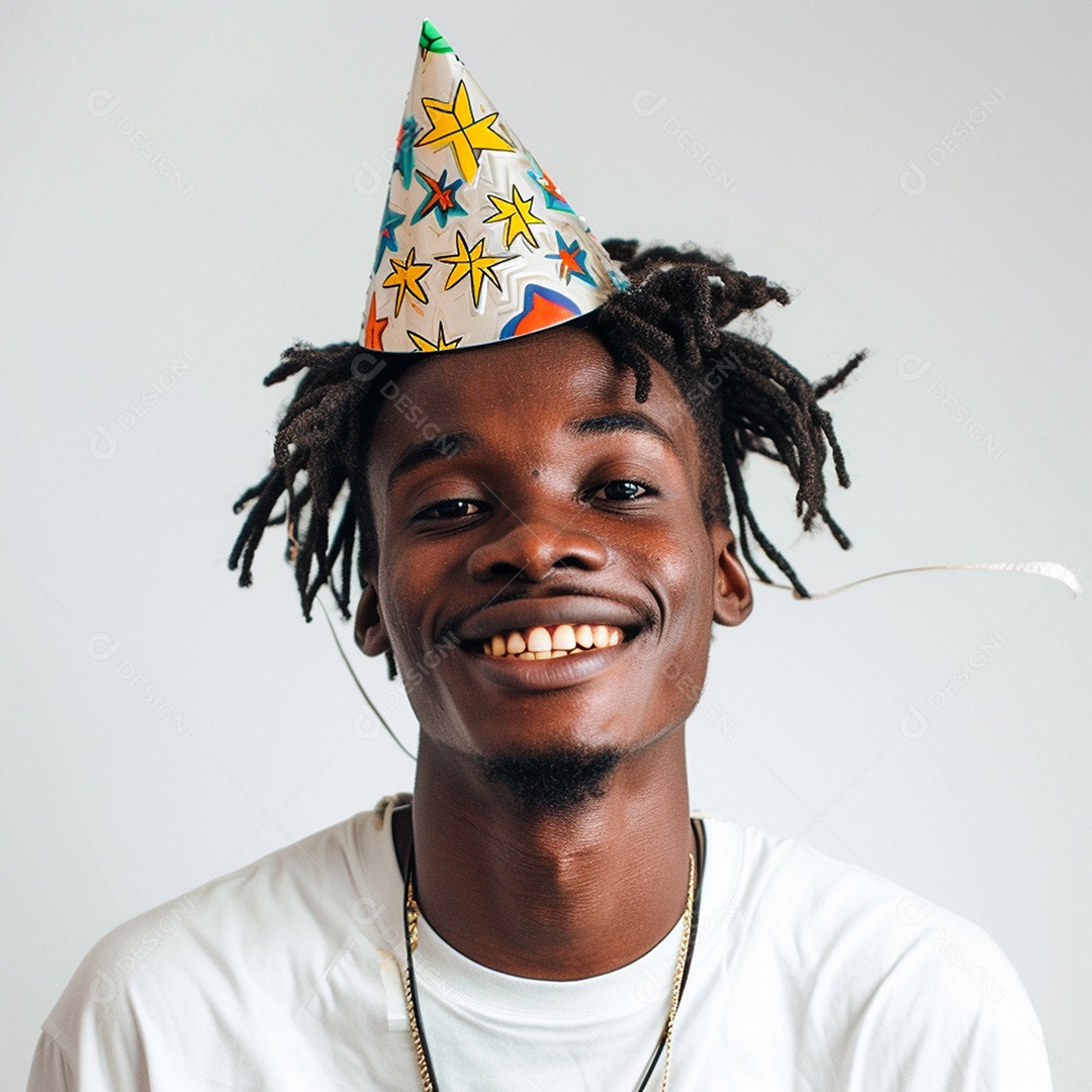 Homem sorridente, usando um chapéu de festa em um fundo branco