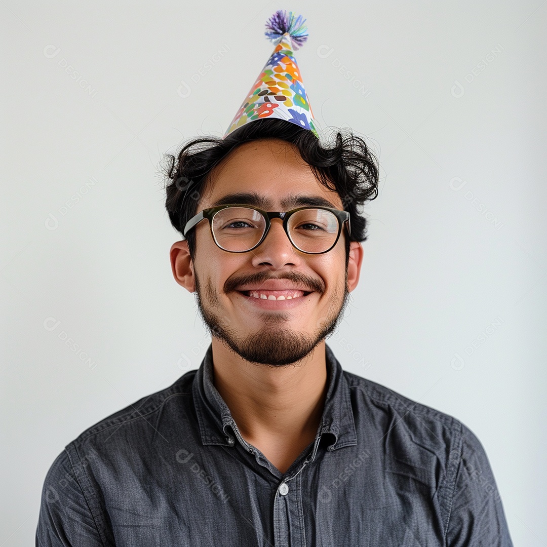 Homem sorridente, usando um chapéu de festa em um fundo branco