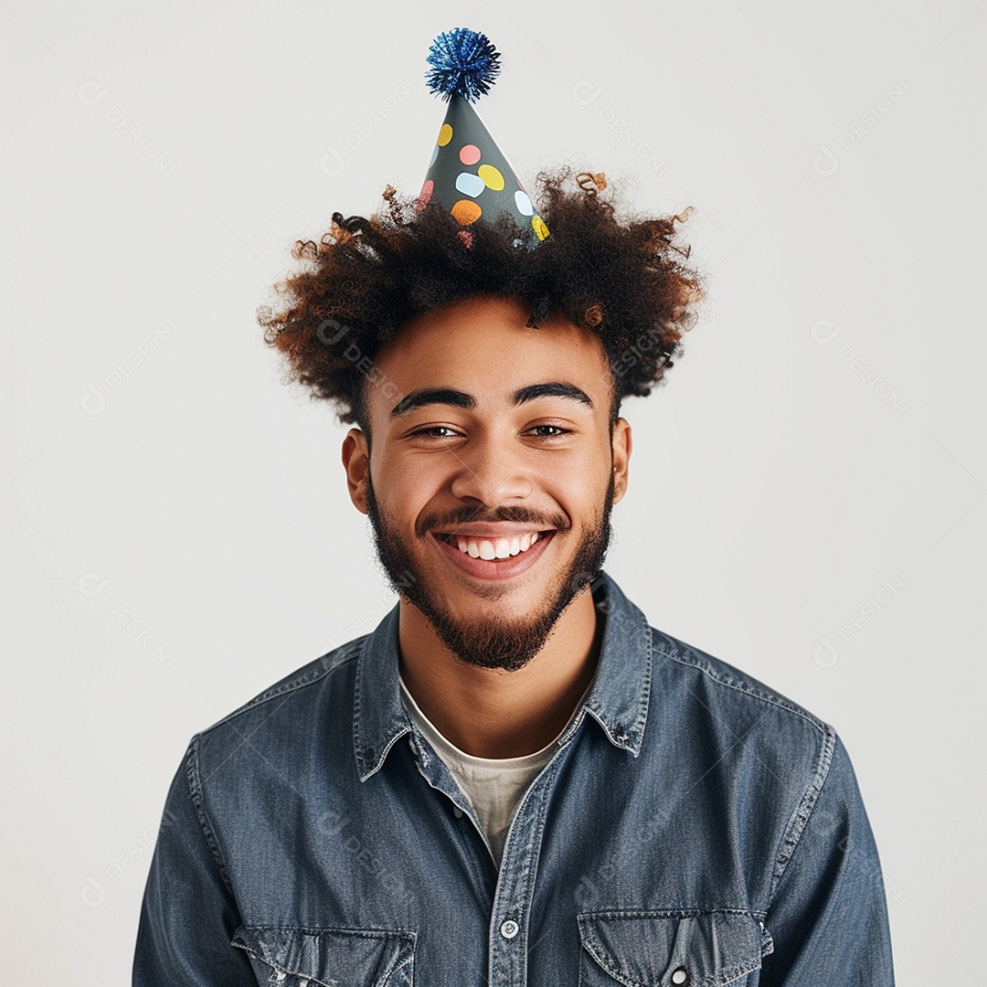 Homem sorridente, usando um chapéu de festa em um fundo branco
