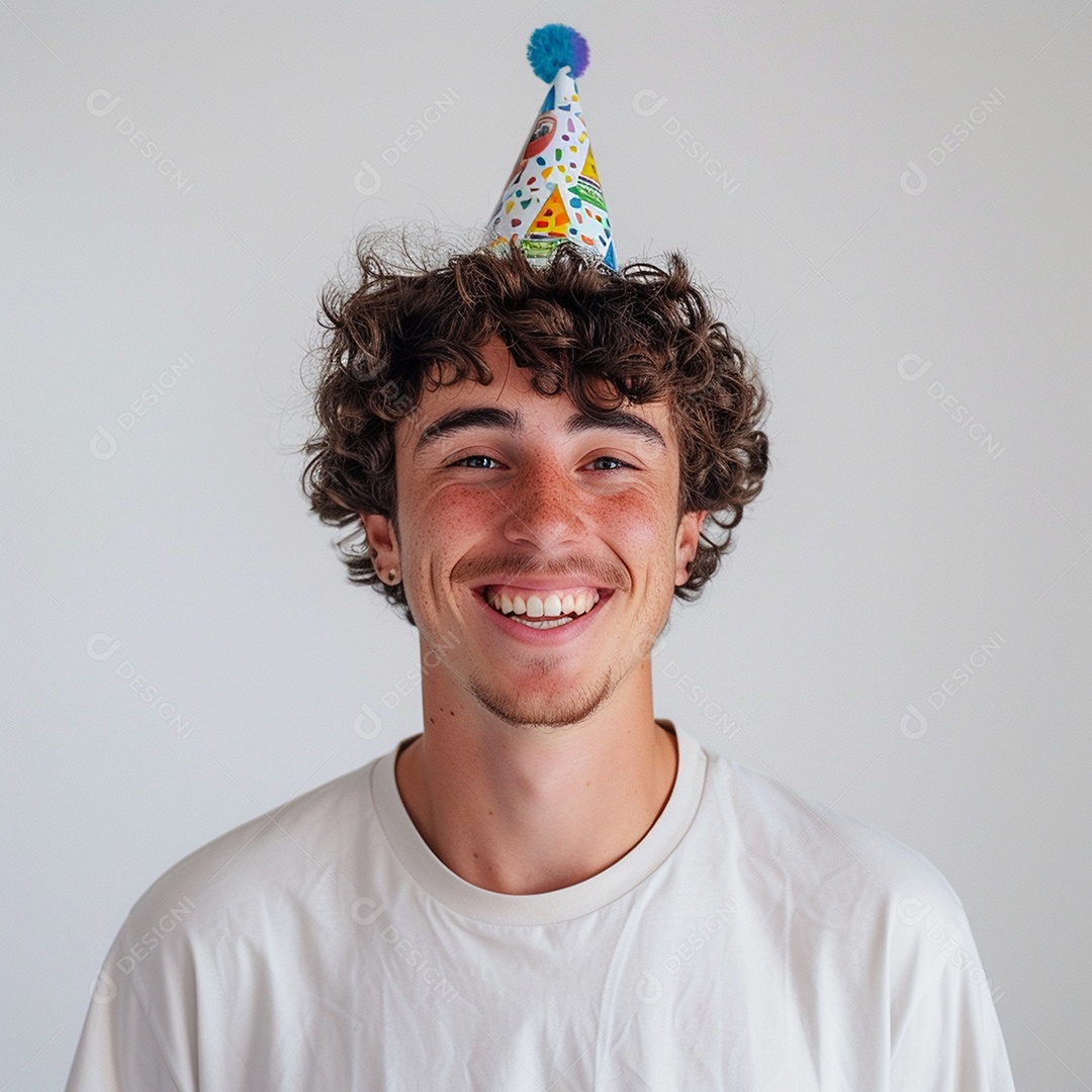 Homem sorridente, usando um chapéu de festa em um fundo branco