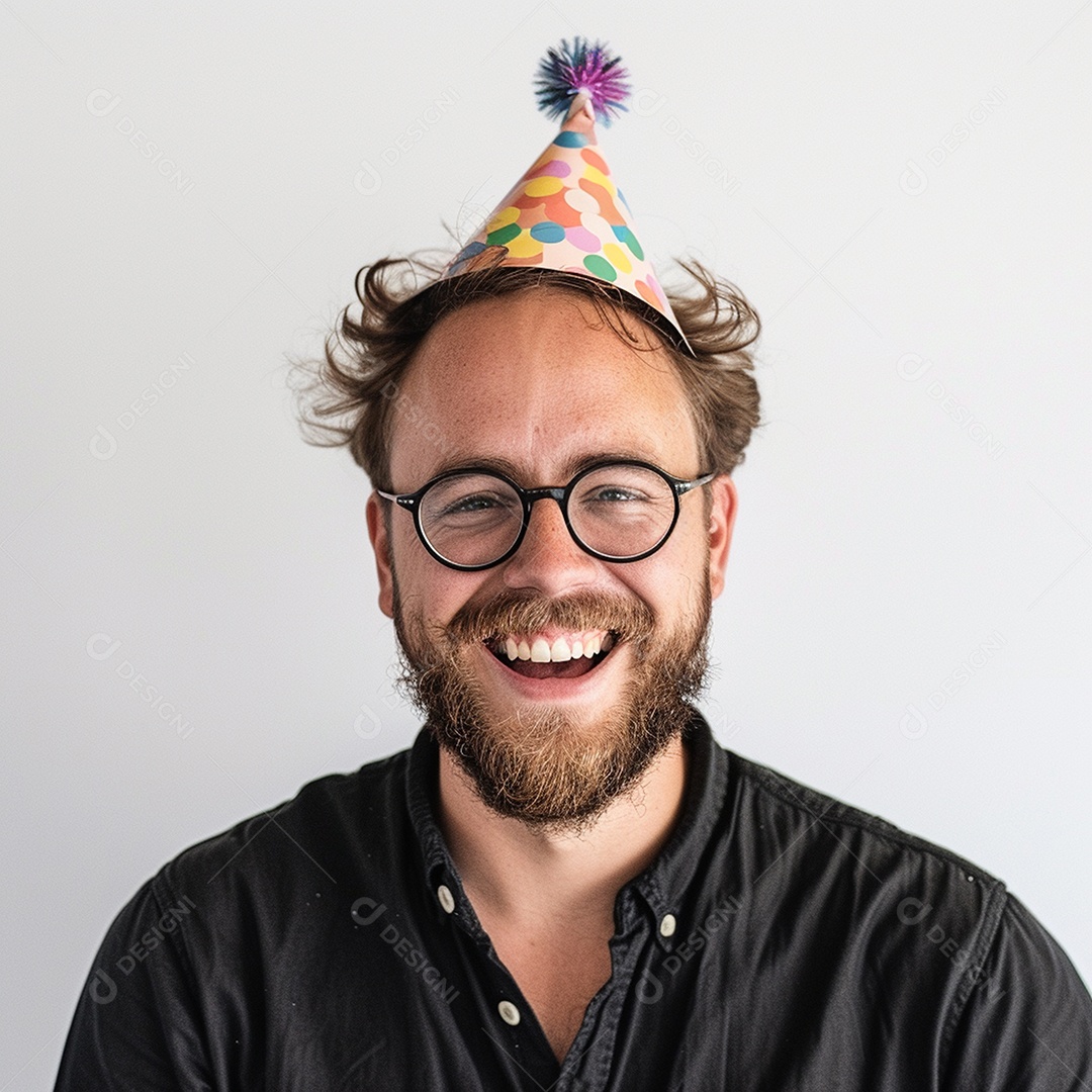 Homem sorridente, usando um chapéu de festa em um fundo branco