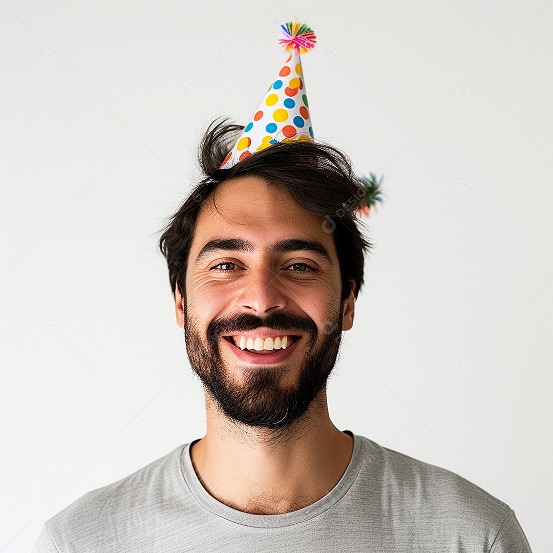 Homem sorridente, usando um chapéu de festa em um fundo branco