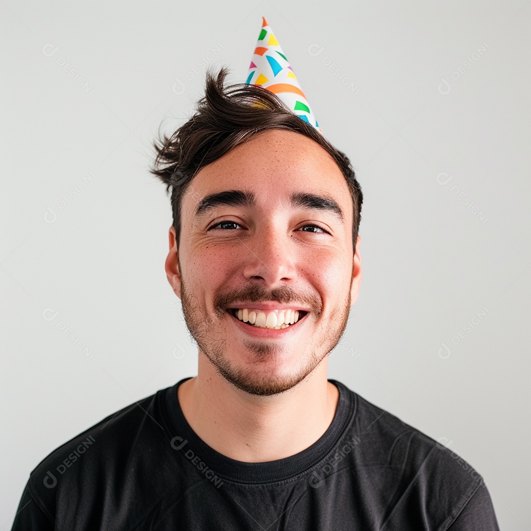 Homem sorridente, usando um chapéu de festa em um fundo branco
