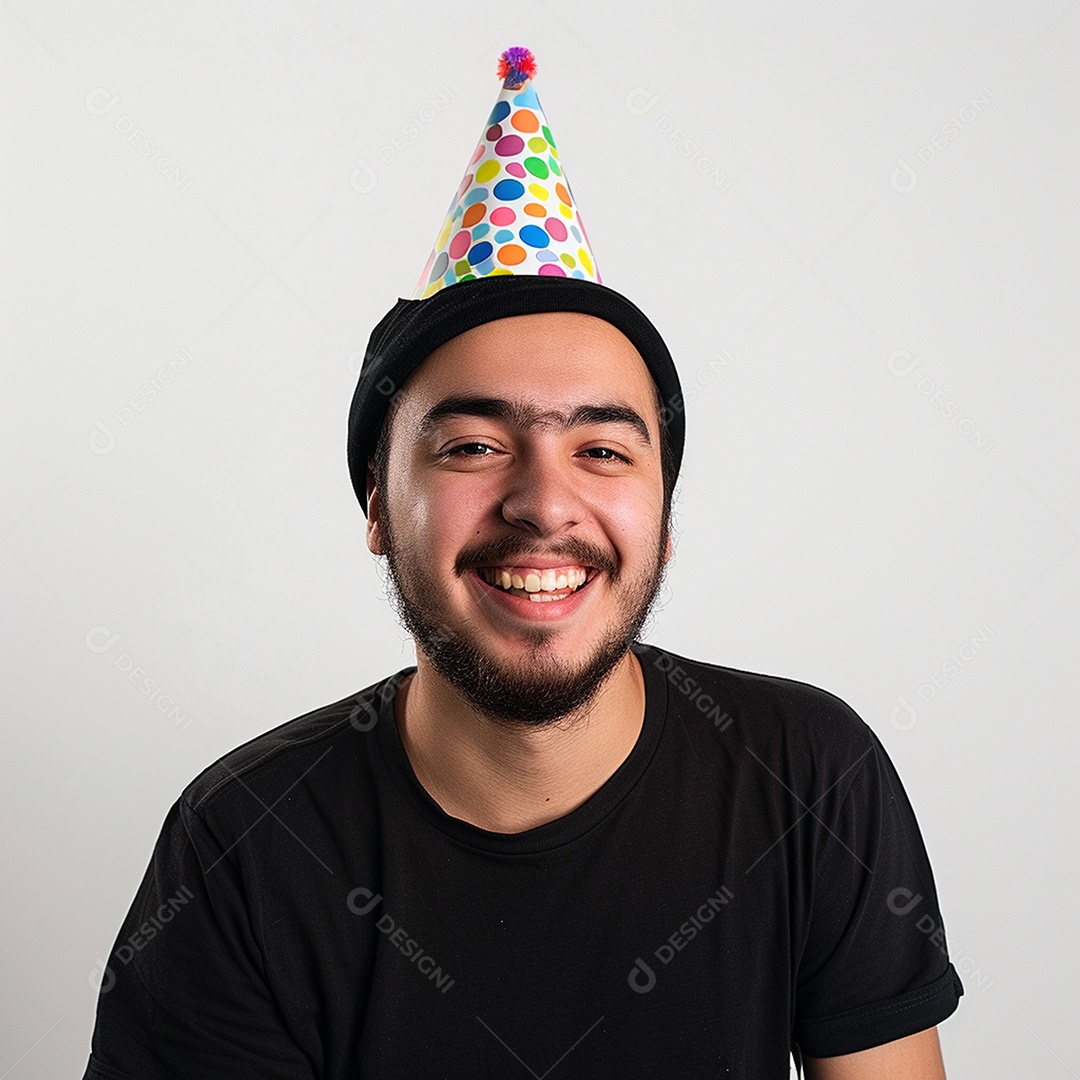 Homem sorridente, usando um chapéu de festa em um fundo branco