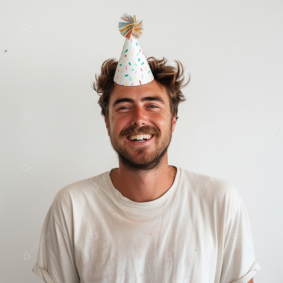 Homem sorridente, usando um chapéu de festa em um fundo branco