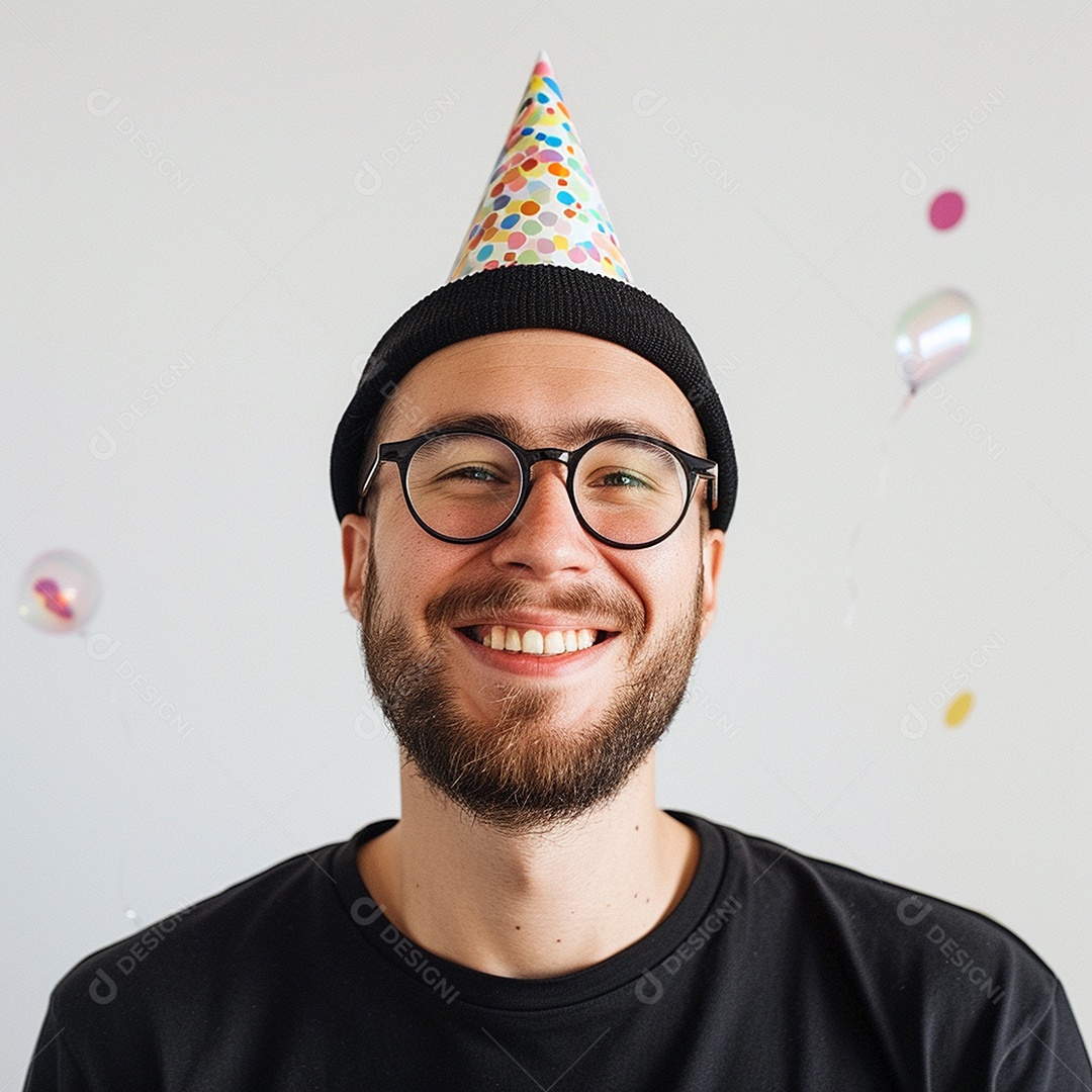 Homem sorridente, usando um chapéu de festa em um fundo branco