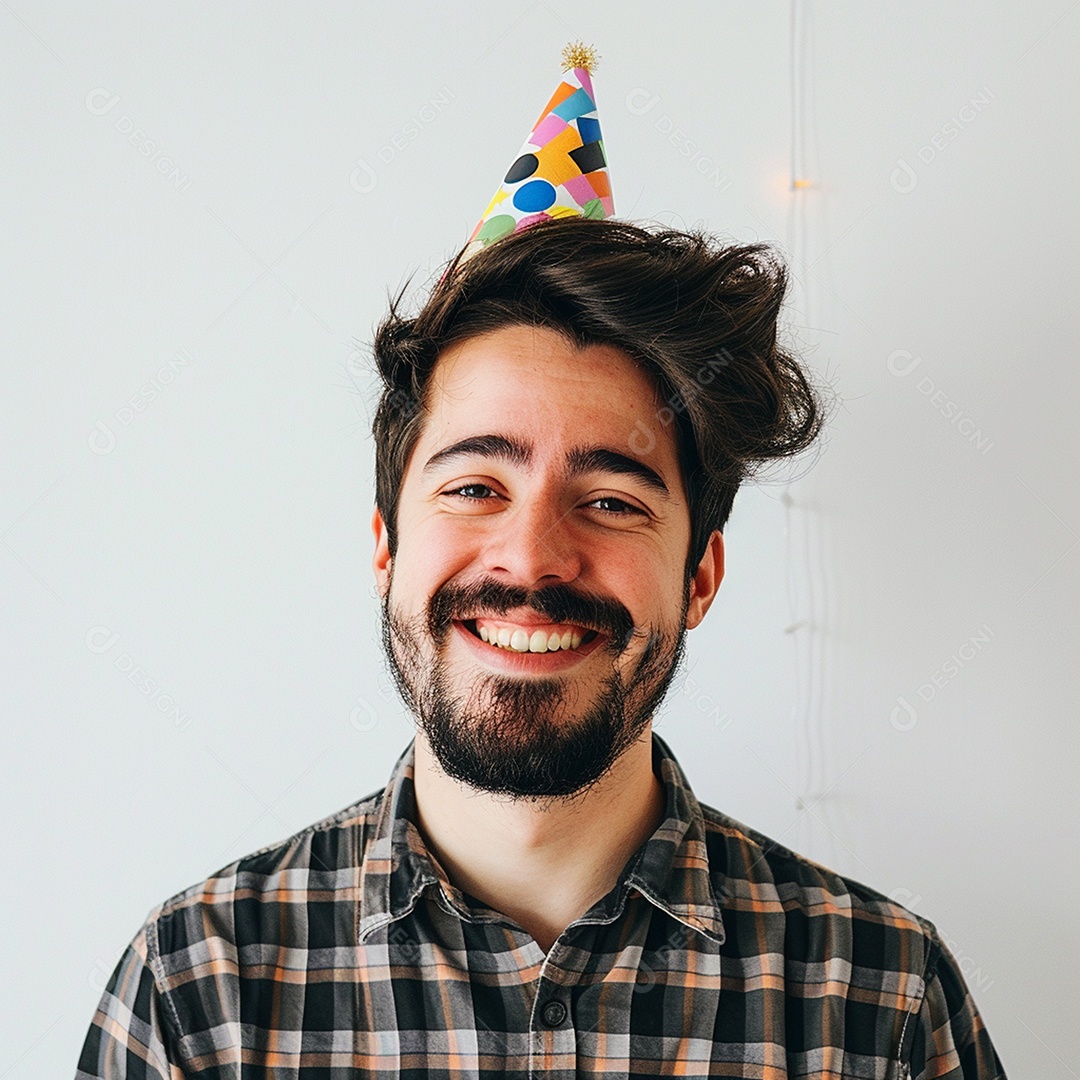 Homem sorridente, usando um chapéu de festa em um fundo branco