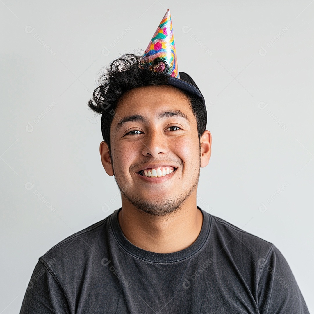 Homem sorridente, usando um chapéu de festa em um fundo branco