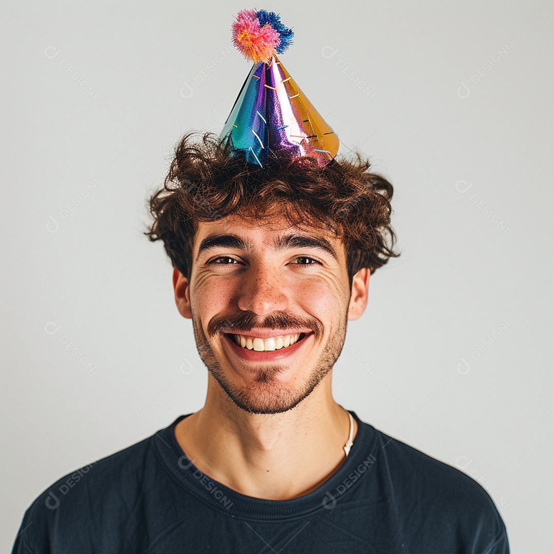 Homem sorridente, usando um chapéu de festa em um fundo branco
