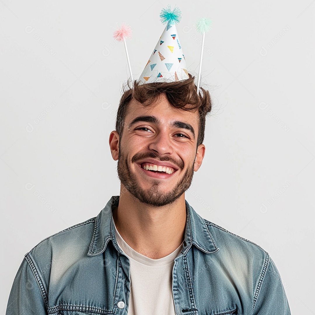 Homem sorridente, usando um chapéu de festa em um fundo branco