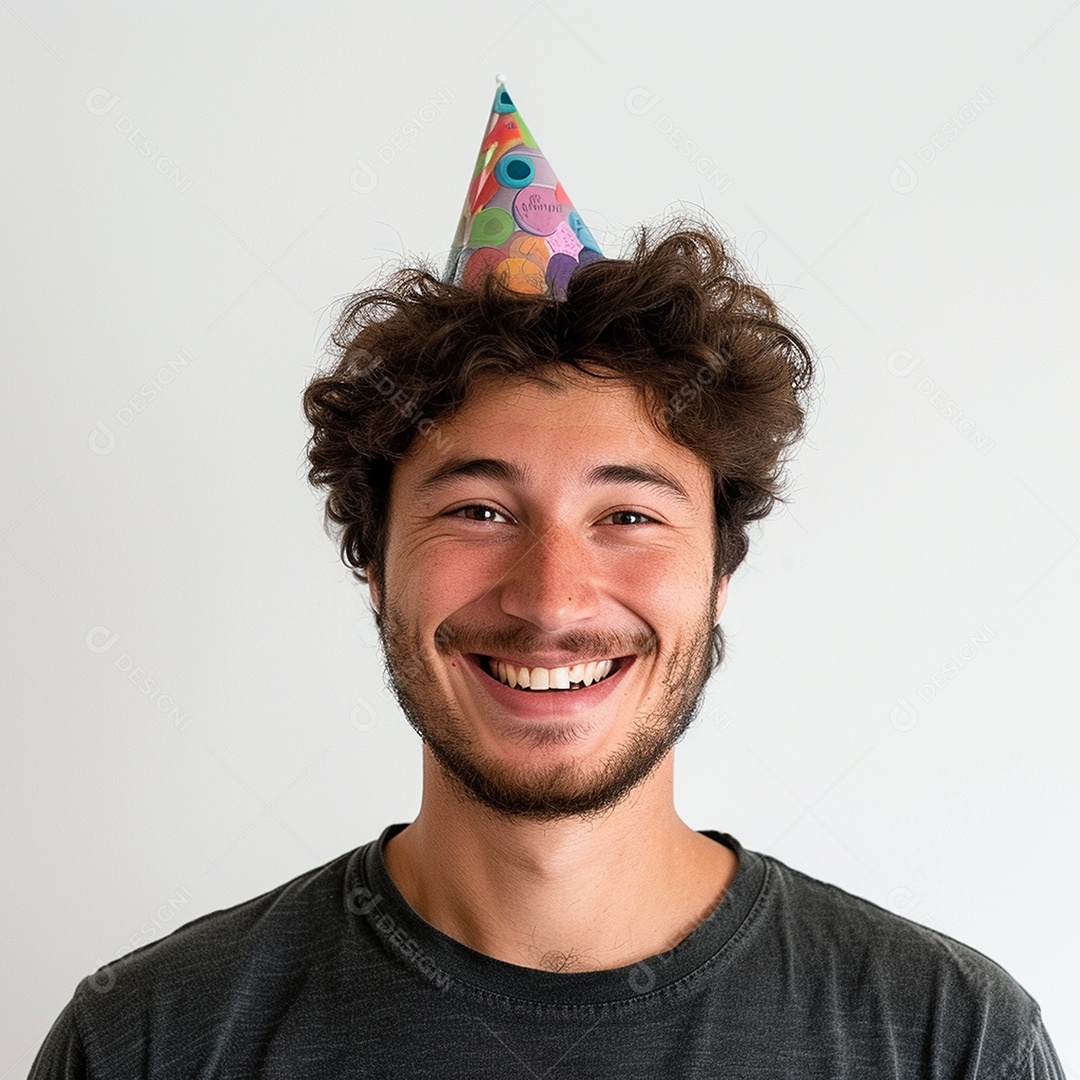 Homem sorridente, usando um chapéu de festa em um fundo branco