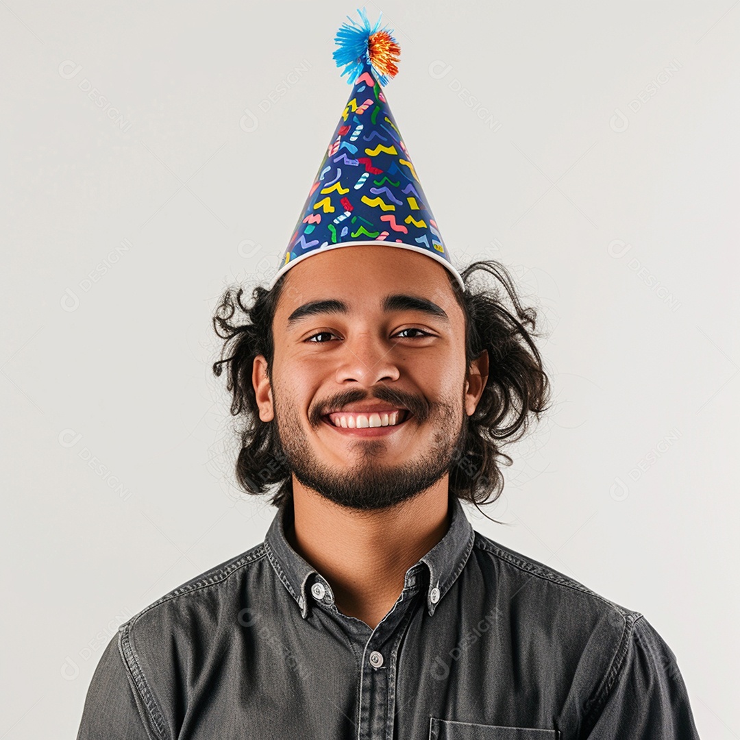 Homem sorridente, usando um chapéu de festa em um fundo branco