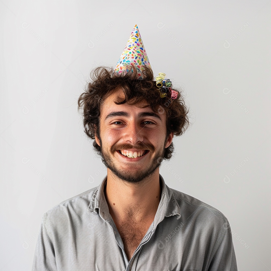 Homem sorridente, usando um chapéu de festa em um fundo branco