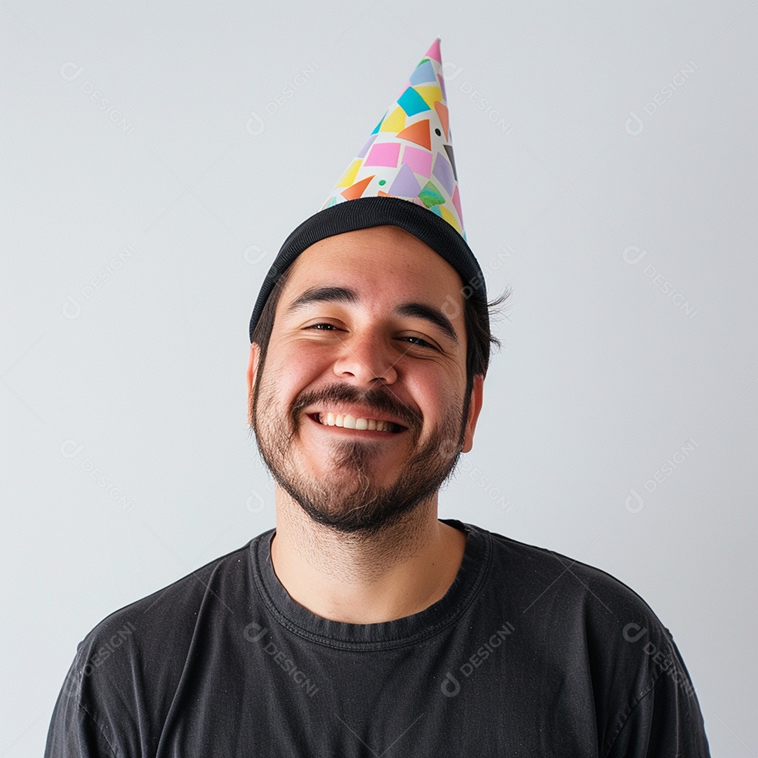 Homem sorridente, usando um chapéu de festa em um fundo branco
