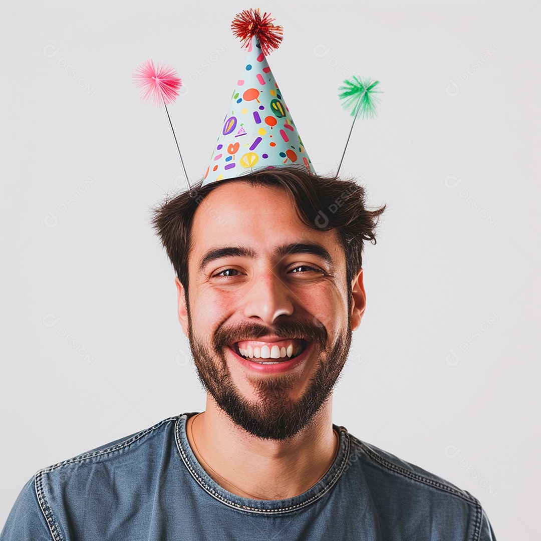 Homem sorridente, usando um chapéu de festa em um fundo branco